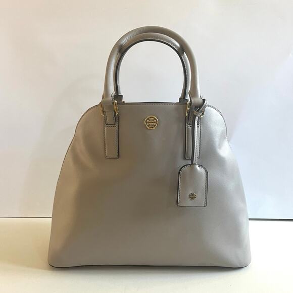 TORY BURCH, Leather Robinson Open Dome Satchel, Heather Grey Tote - Picture 1 of 11